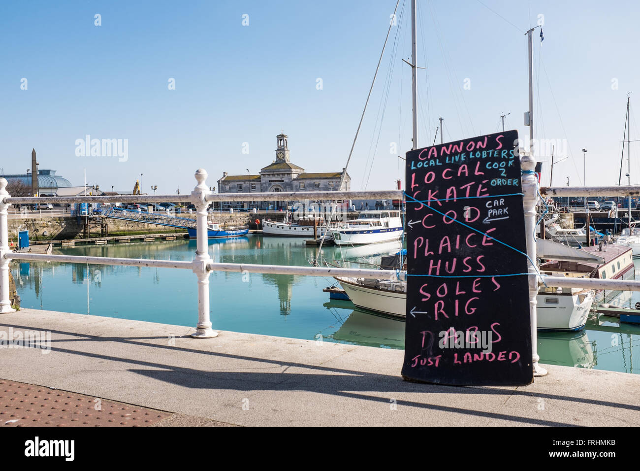 Blackboard Showing Fish fro Sale, Ramsgate Harbour, Kent ,UK Stock Photo