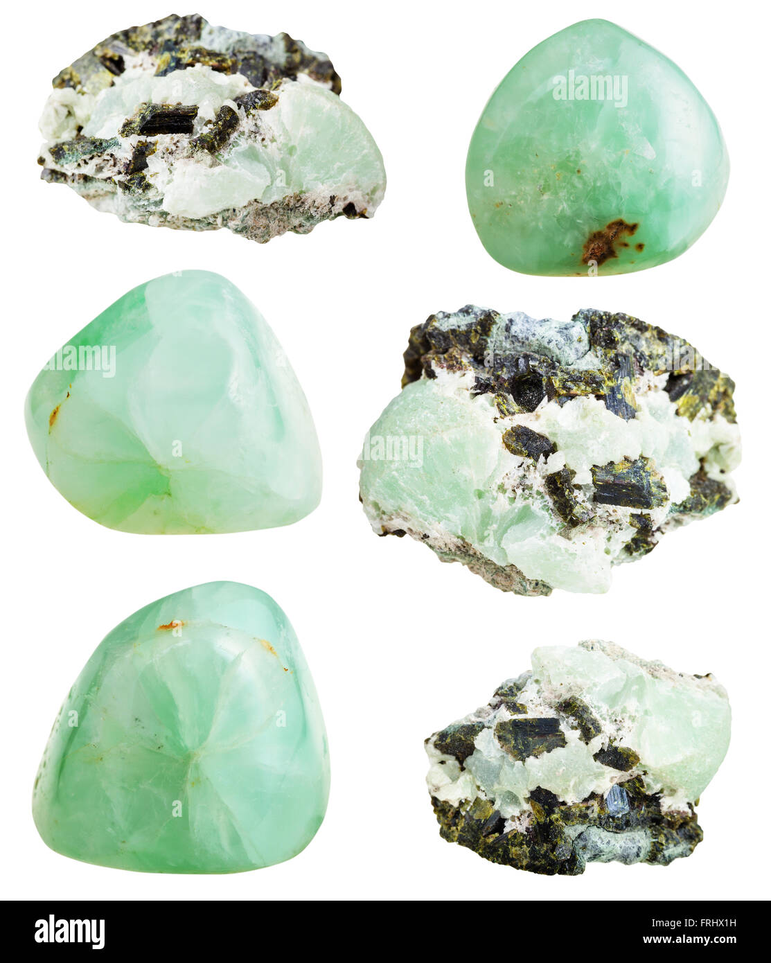 set of green Prehnite mineral stone and polished gemstones isolated on white background Stock Photo