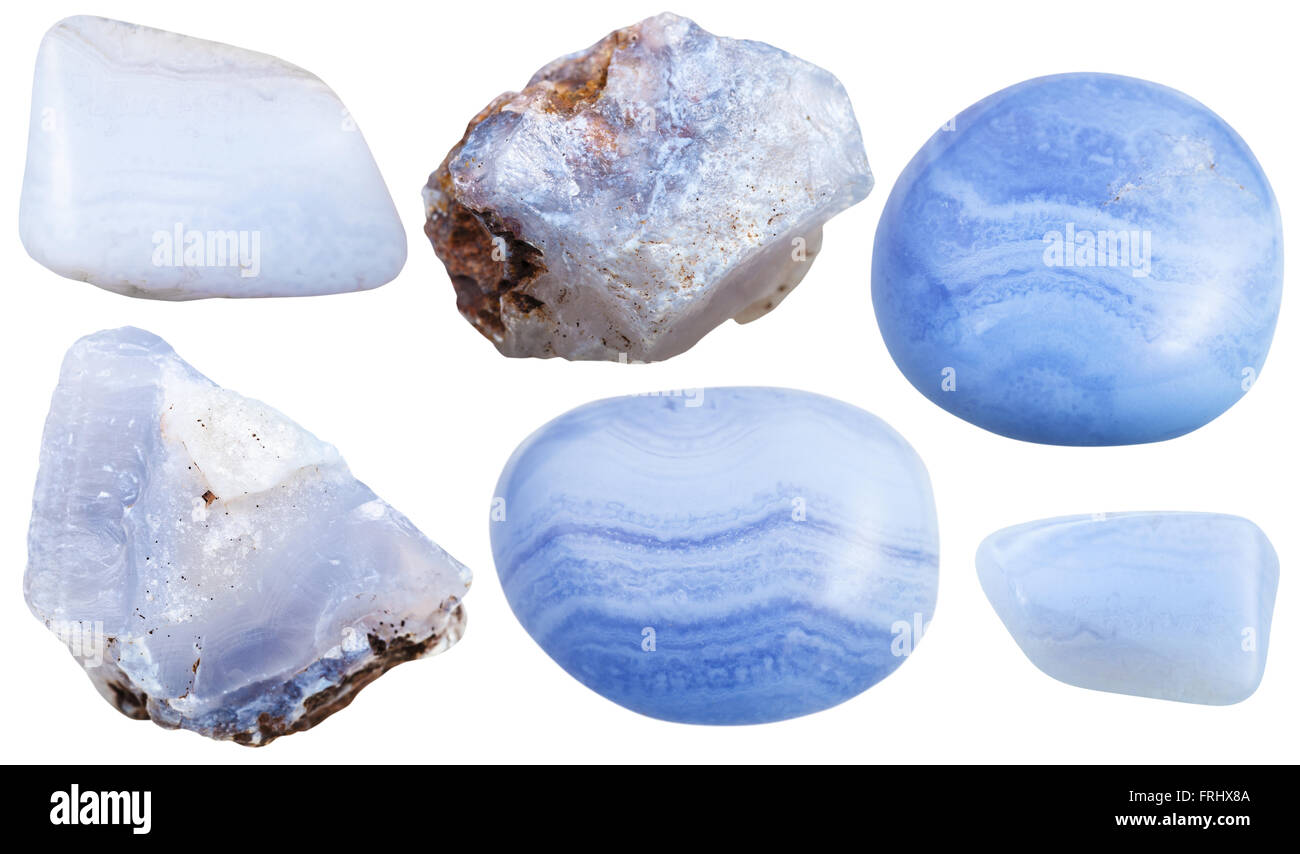 set of blue chalcedony (Blue Agate, sapphirine) crystals and polished gemstones isolated on white background Stock Photo