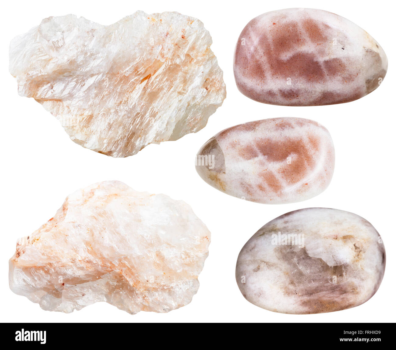 set of Albite (Belomorite, moonstone, feldspar, adularia, orthoclase) rocks and gemstones isolated on white background Stock Photo