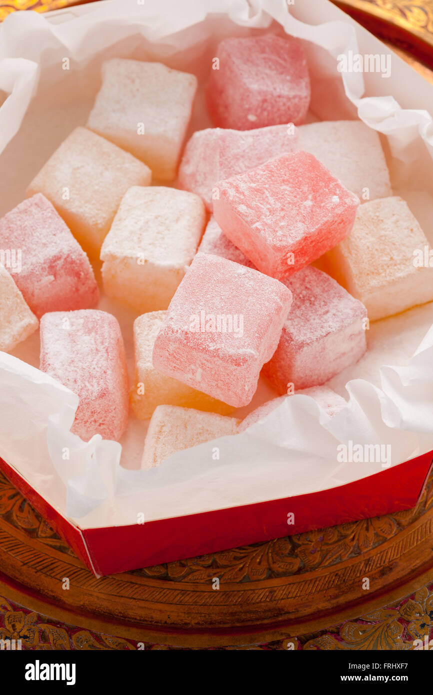 Rose and lemon flavour Turkish delight or rahat lokum a Middle Eastern confection Stock Photo