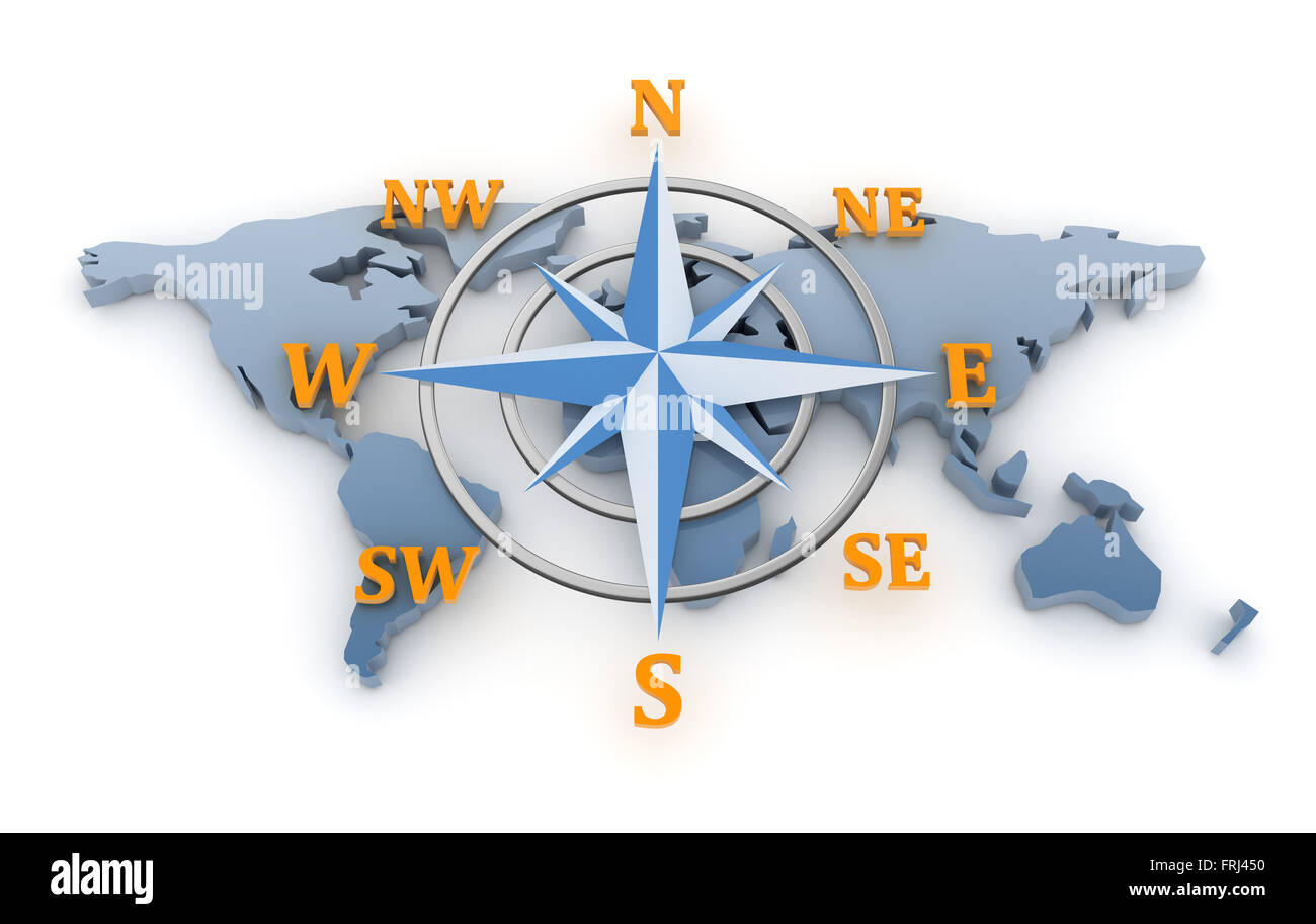 Compass on World Map , This is a computer generated and 3d rendered picture. Stock Photo