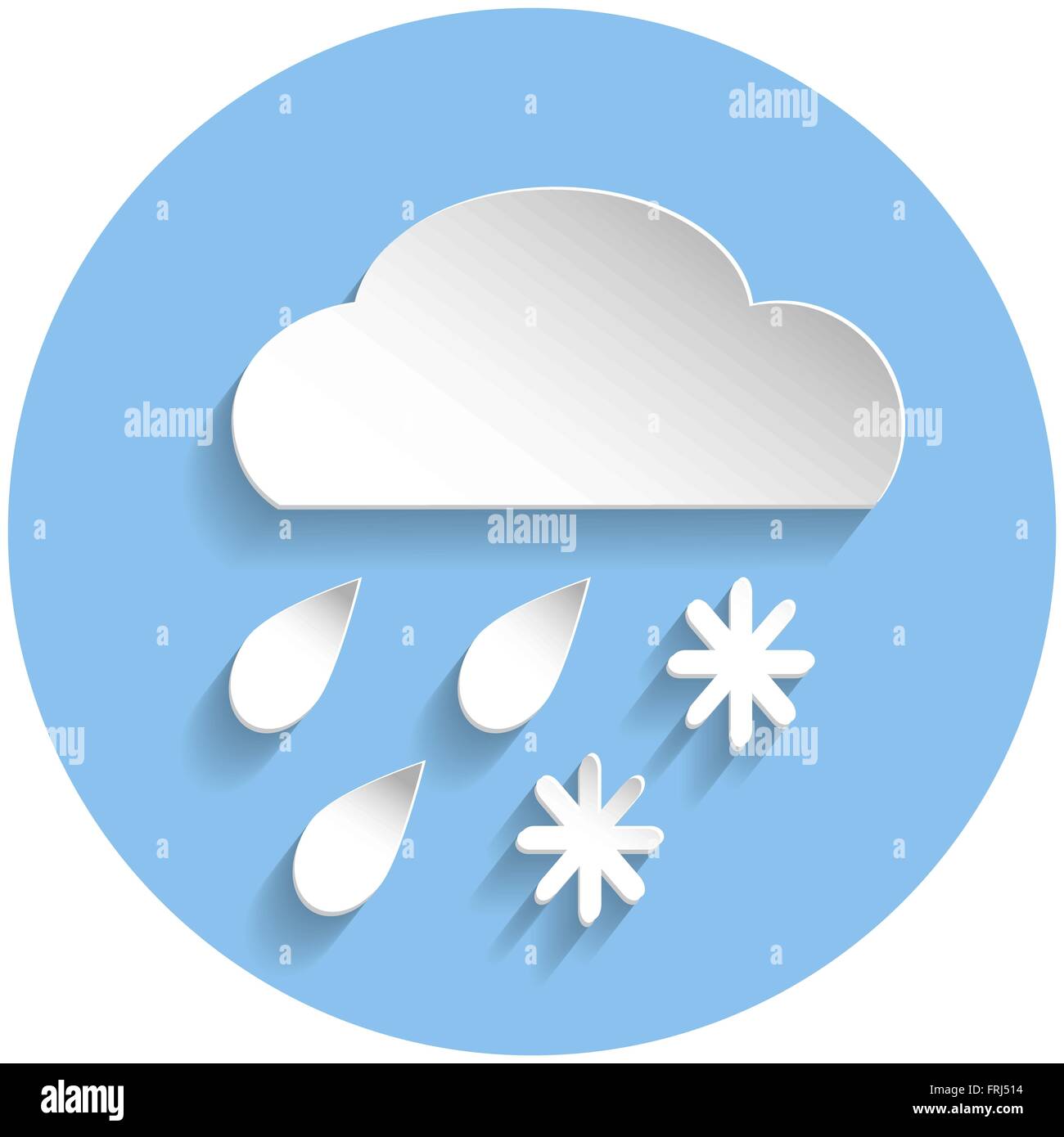 Snow and rain cloud icon in paper style on blue round background Stock