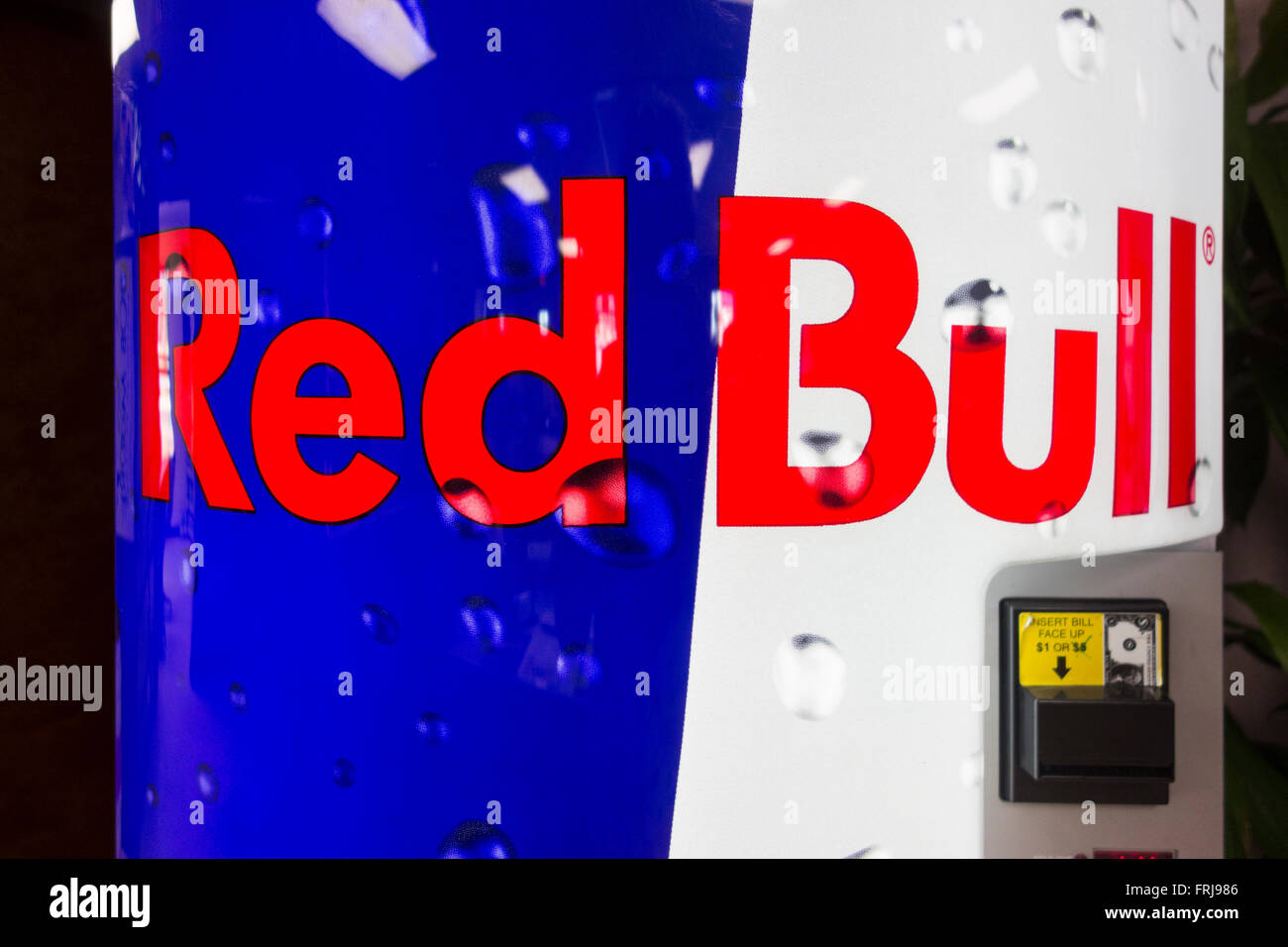 A Red Bull machine offering cold energy drinks in Oklahoma, USA Stock