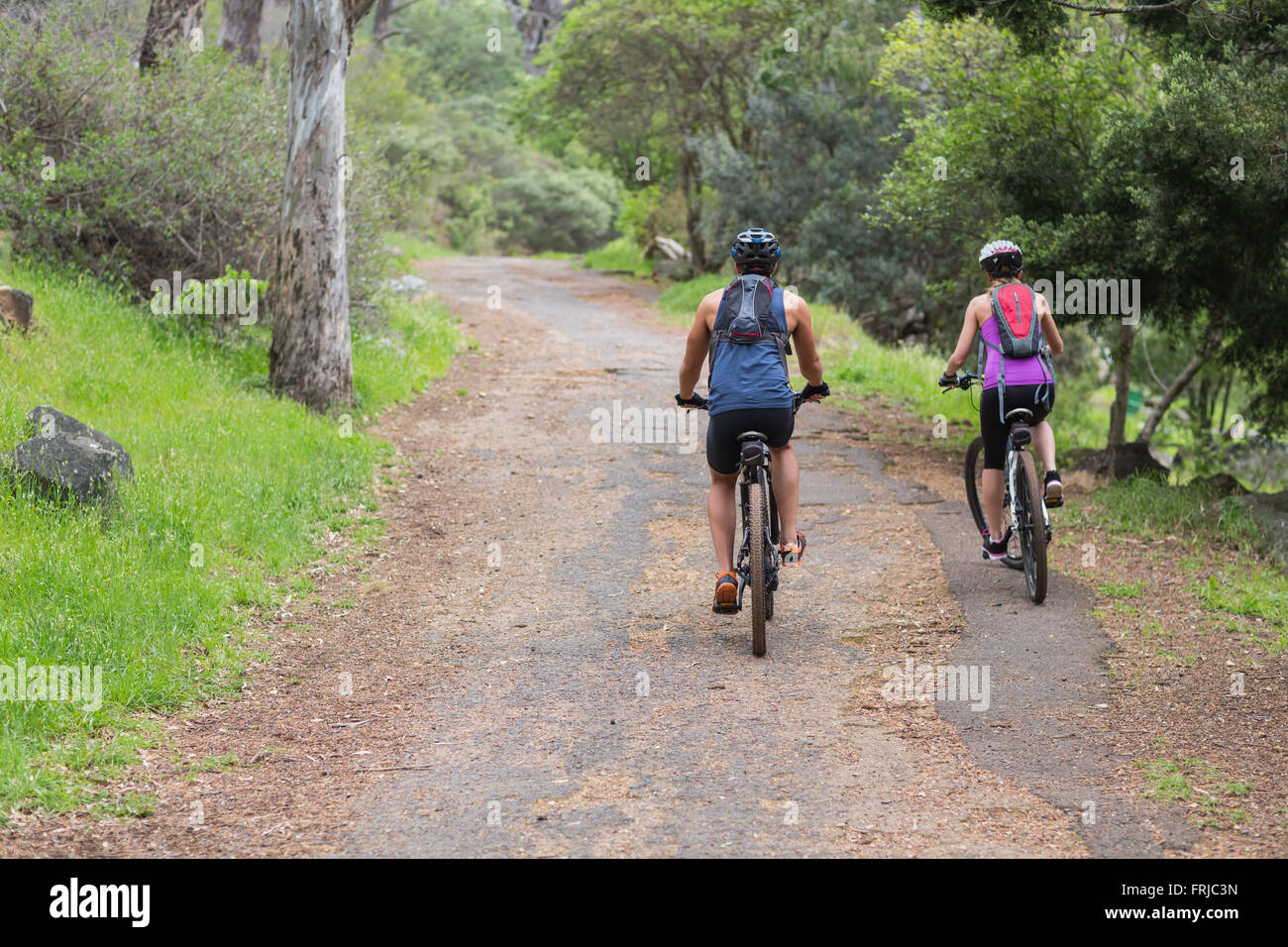 Rear view of man and woman riding bike in forest Stock Photo