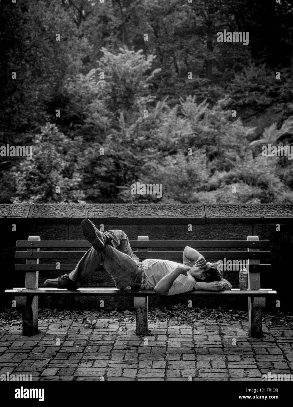 Man sleeping on bench outside Central Park, New York City, USA Stock Photo
