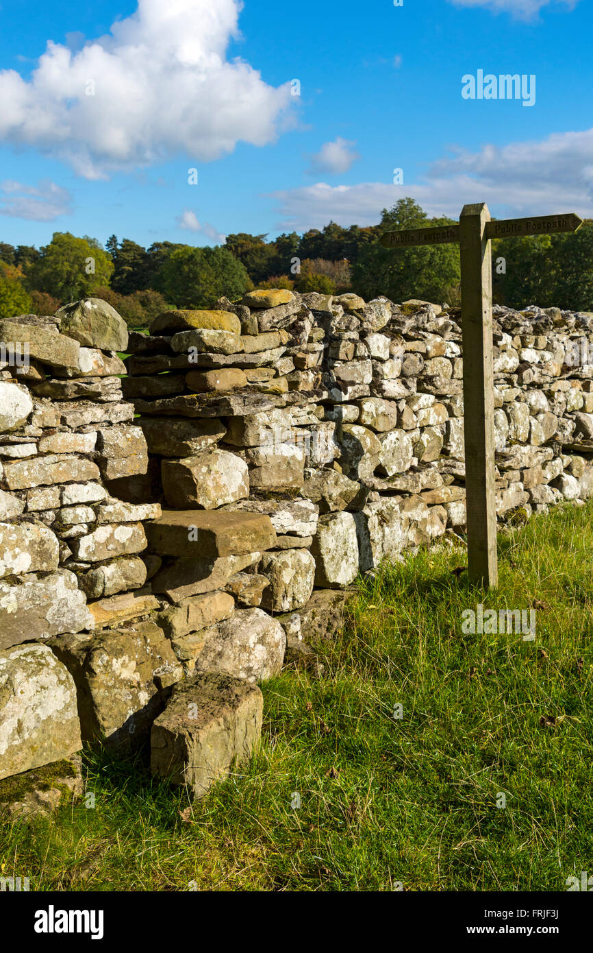 Footpath sign and stile in a drystone wall, near Aysgarth, Wensleydale, Yorkshire Dales National Park, England, UK Stock Photo