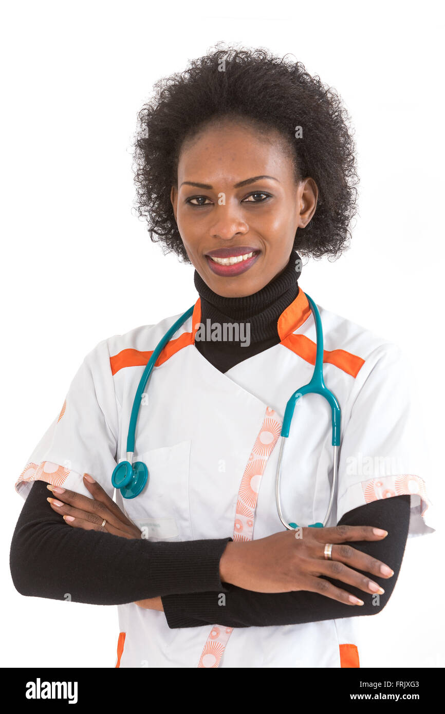 Female African American doctor or nurse smiling isolated over white background Stock Photo
