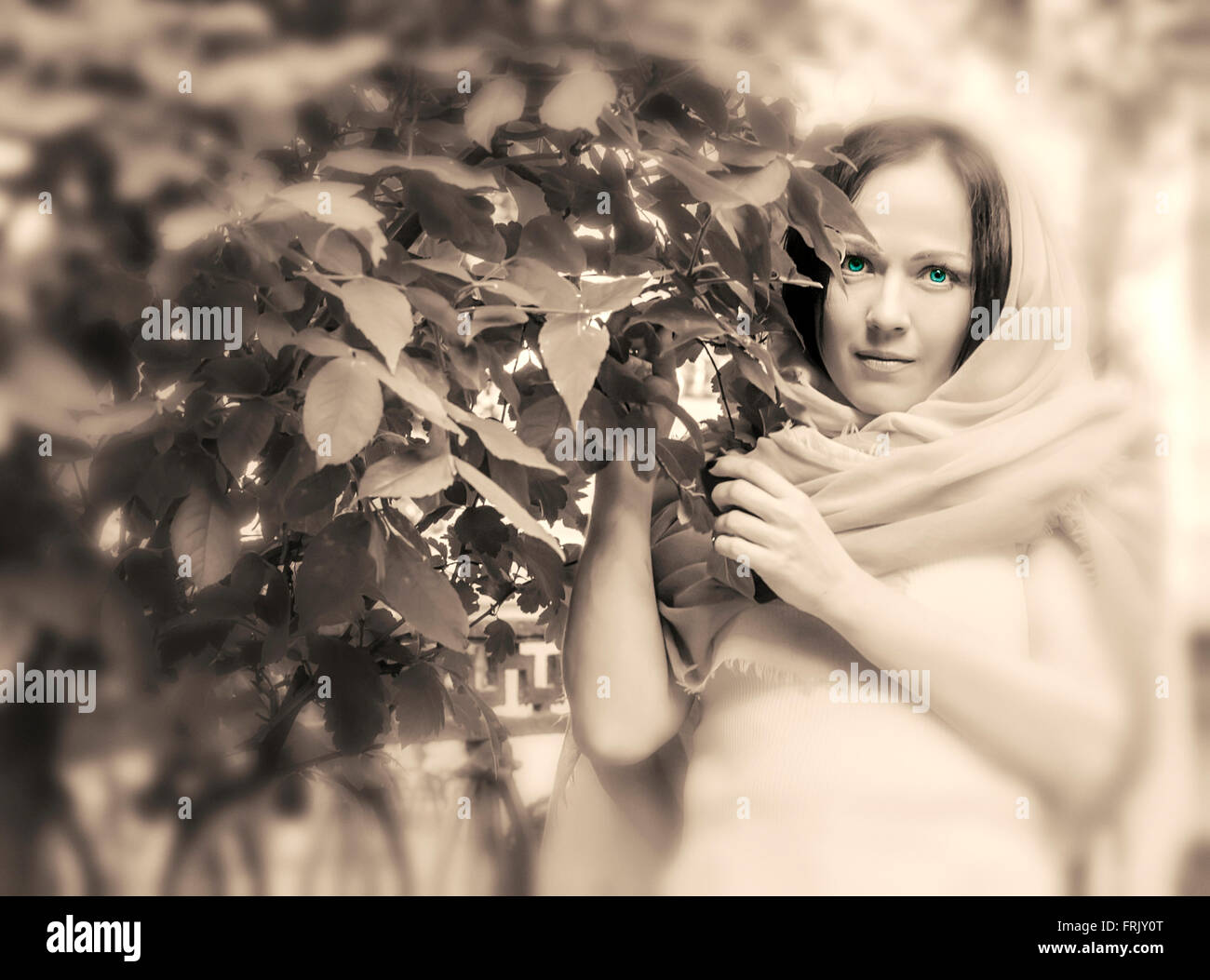 Beautiful young brunette wuth blue eyes in light shawl in park un black and white colours Stock Photo