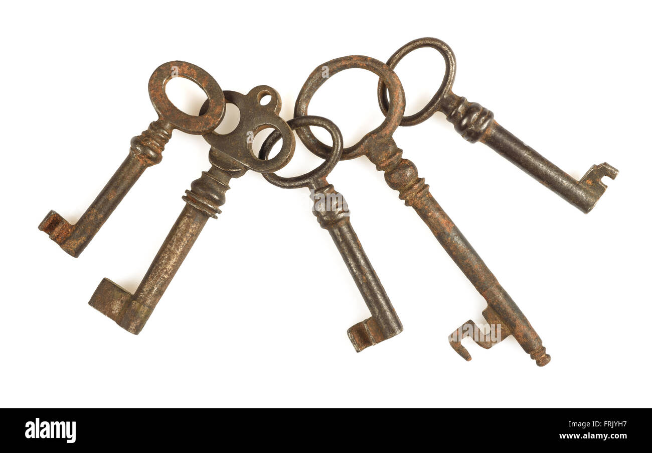 Old Keys group isolated on white background Stock Photo Alamy