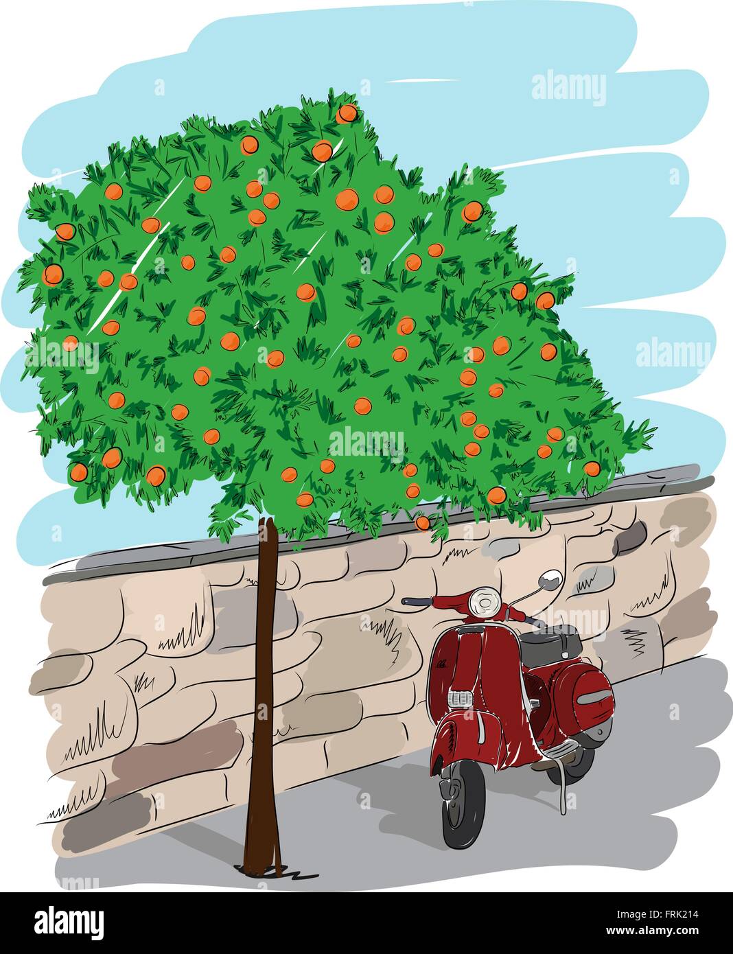 Scooter Near An Orange Tree On A Background Of A Stone Wall