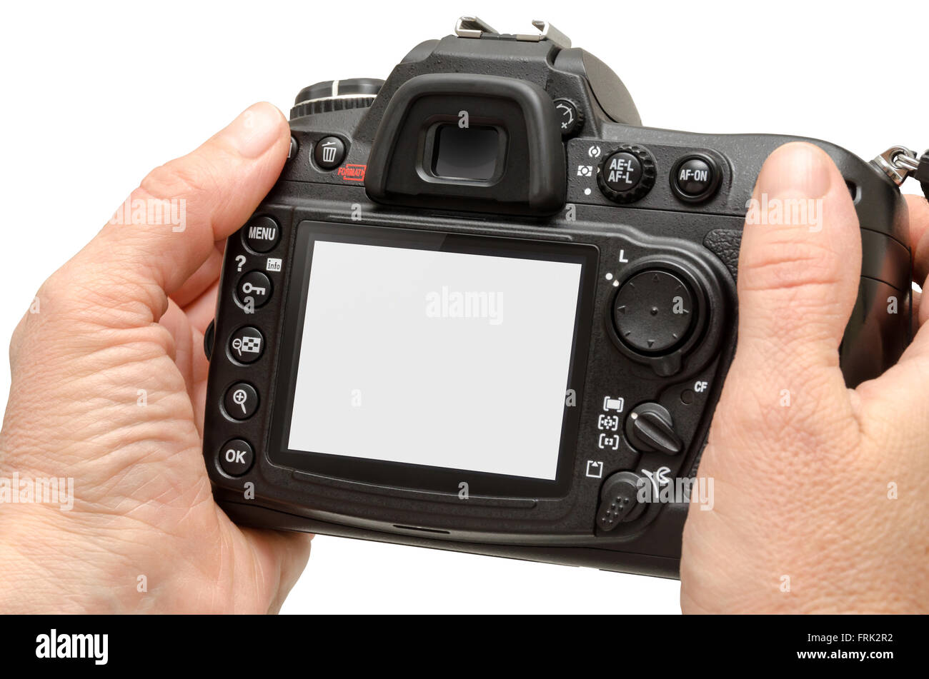 Isolated camera in hands. Isolated white screen for mockup Stock Photo -  Alamy