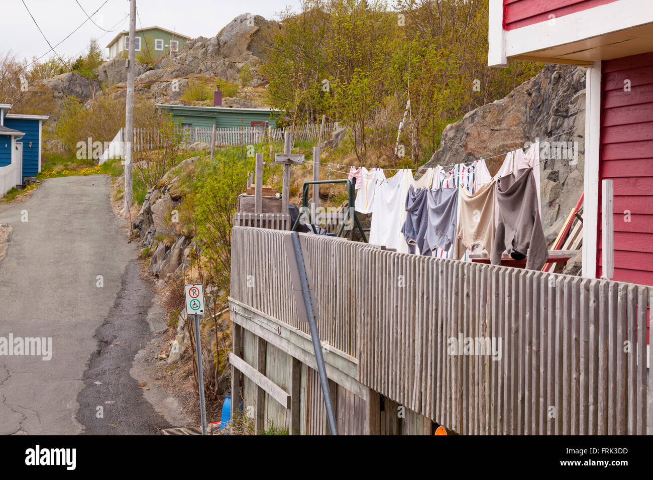 A clothes line hanging in the neighbourhood called 'The Battery'. St. John's, Newfoundland, Canada. Stock Photo