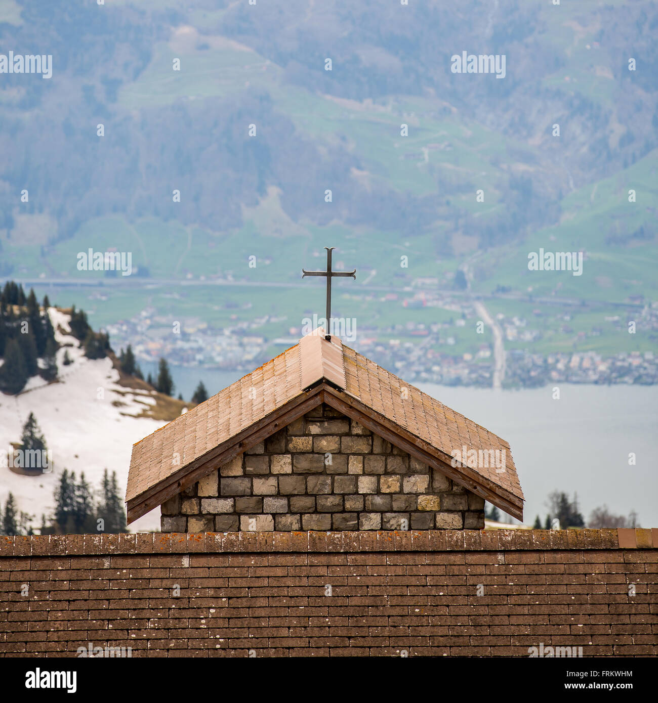 Cross on Roof at Mount. Rigi - Arth, Switzerland Stock Photo