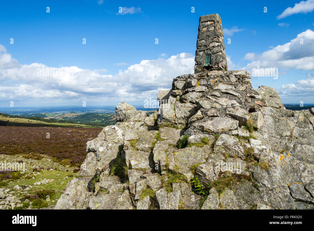 The trig point at Manstone Rock on the Stiperstones Ridge, Shropshire, England, UK. Stock Photo