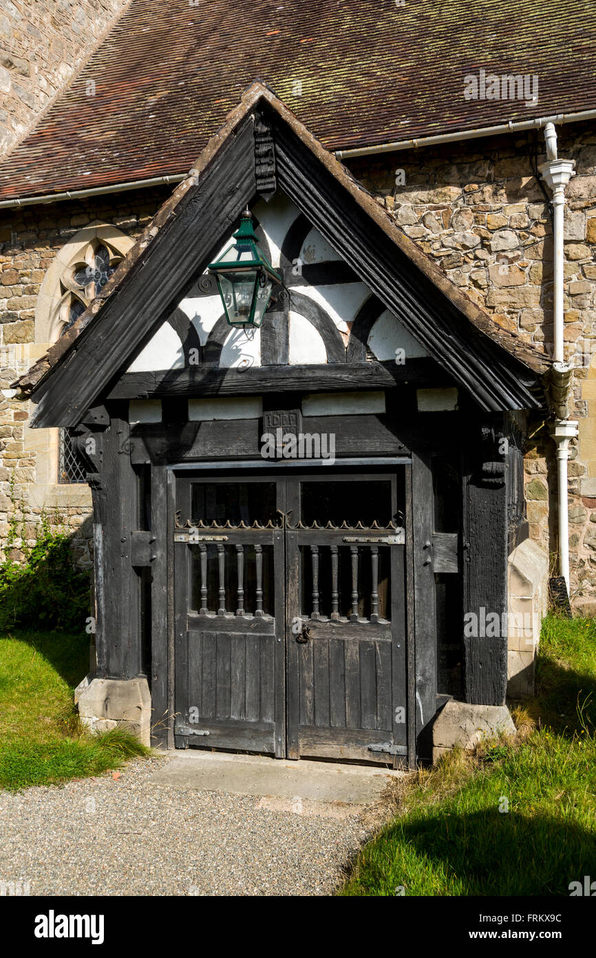 Porch of the church of St James (circa 12th century) in the village of Cardington, near Church Stretton, Shropshire, England, UK Stock Photo
