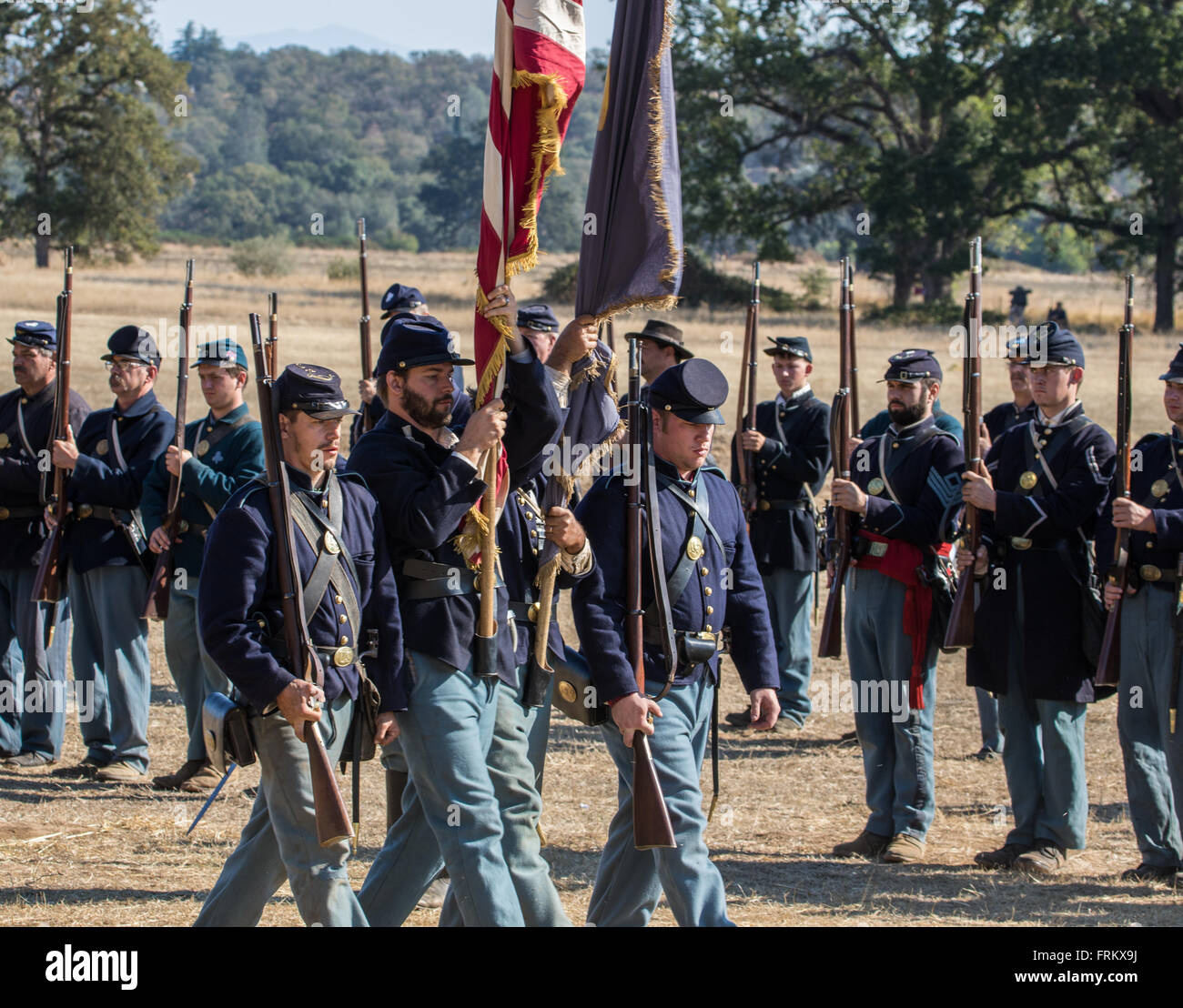 Union Soldiers at an American Civil War Reenactment at Hawes Farm, Anderson, California. Stock Photo