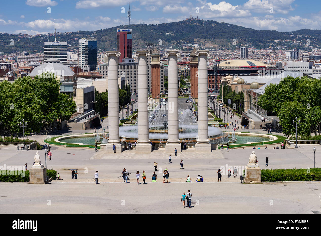 Plaza of Spain in Barcelona with fountains and hills behind Stock Photo