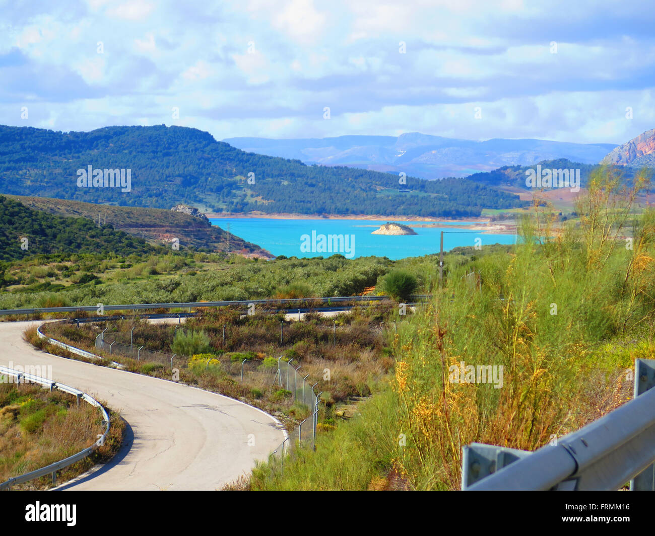 Kontiki Lake and Island near El Chorro, Andalucia Stock Photo