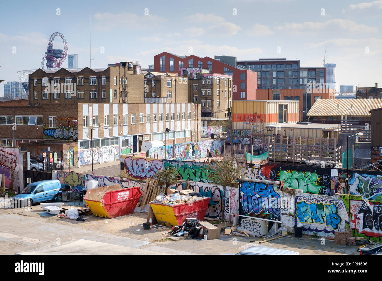 Skyline and light industrial buildings prior to redevelopment on Fish Island, Hackney Wick, East London, across to the Orbit and Olympic Park Stock Photo