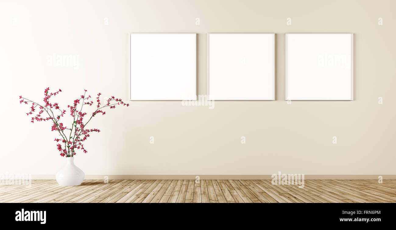 Empty interior of living room with three poster on wall and plant 3d render Stock Photo