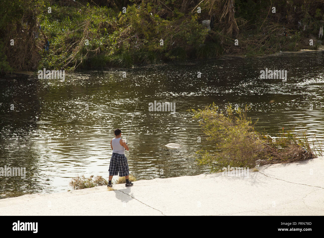 Fishing, Los Angeles River, Glendale, California, USA Stock Photo
