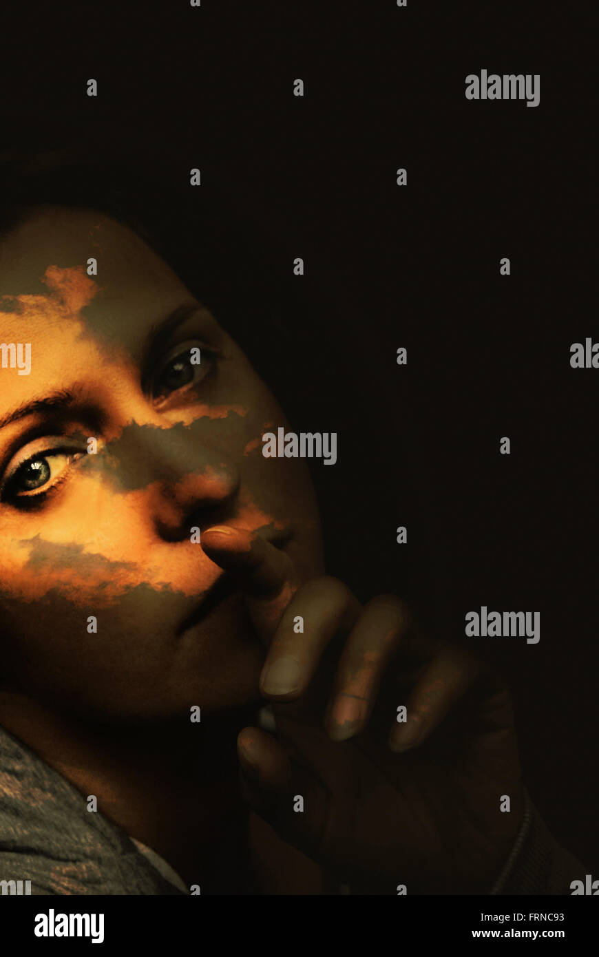 surreal portrait of the young woman with clouds on her face Stock Photo