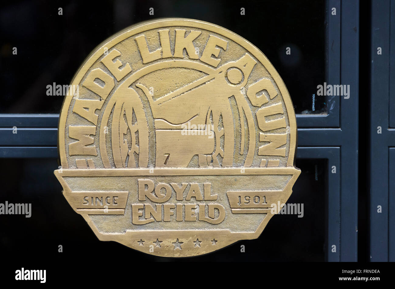 Royal Enfield symbol on door handle, Delhi, India Stock Photo