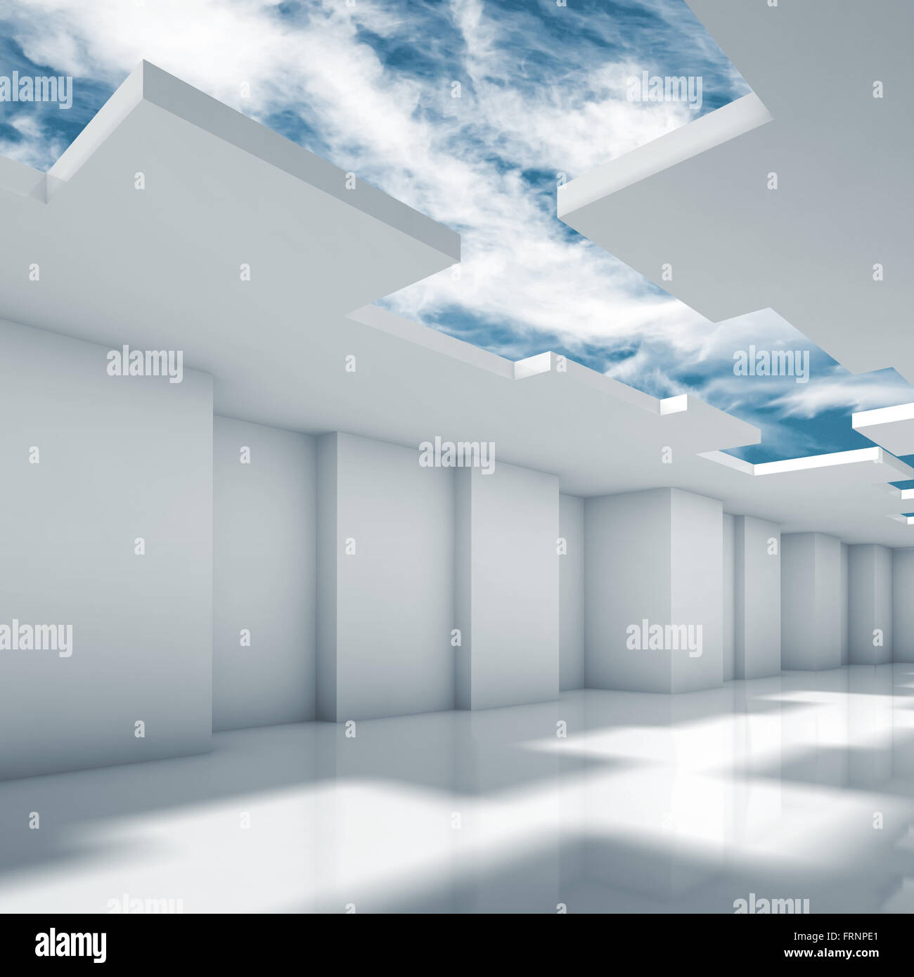Abstract modern interior design with corners and cloudy sky outside ...
