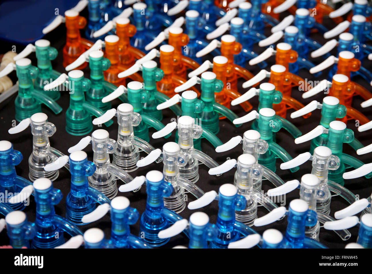 Colored removable plastic caps for soda water siphon bottles Stock Photo