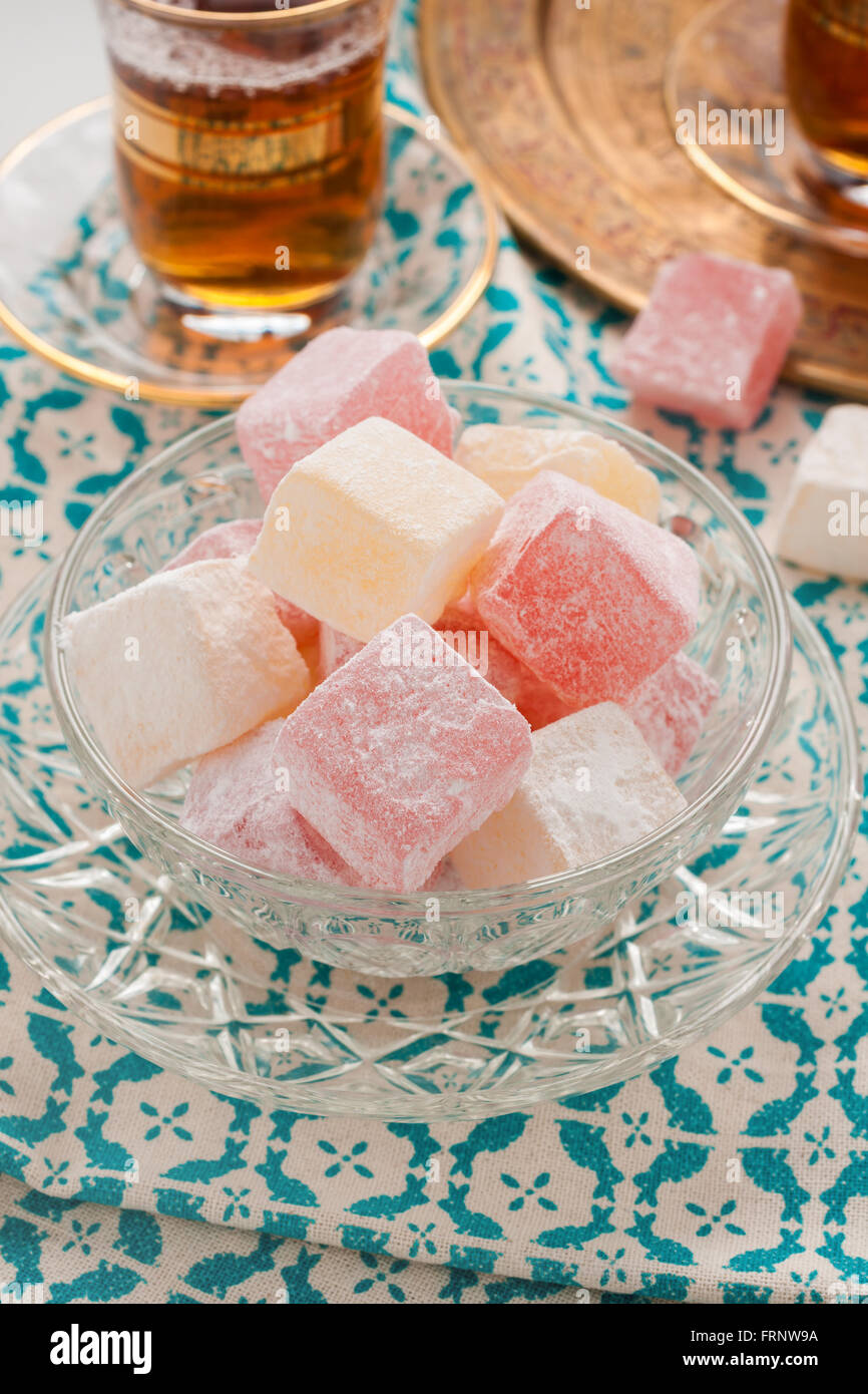 Rose and lemon flavour Turkish delight or rahat lokum a Middle Eastern confection Stock Photo