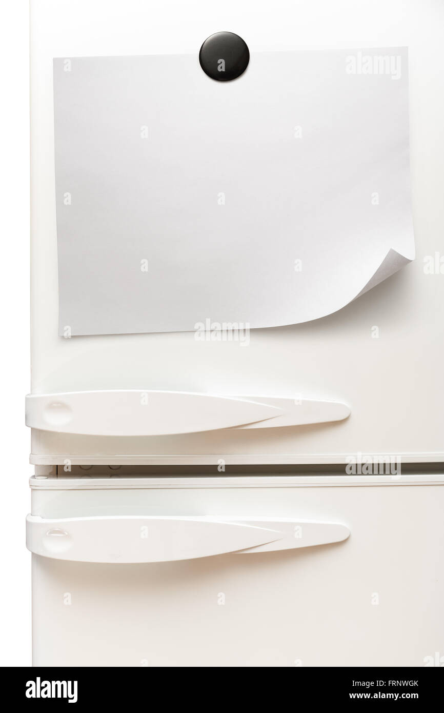 Photo of blank sheet on white refrigerator Stock Photo