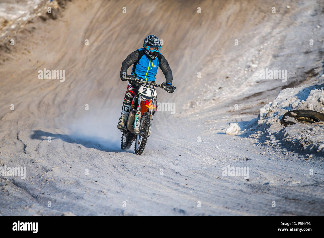 racer man on a motorcycle riding racing track during Cup Winter motocross Stock Photo