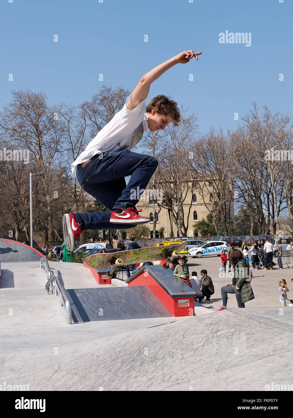 Unidentified skateboarder doing a slide jump during the opening new Skate- park in Pula, Croatia Stock Photo - Alamy