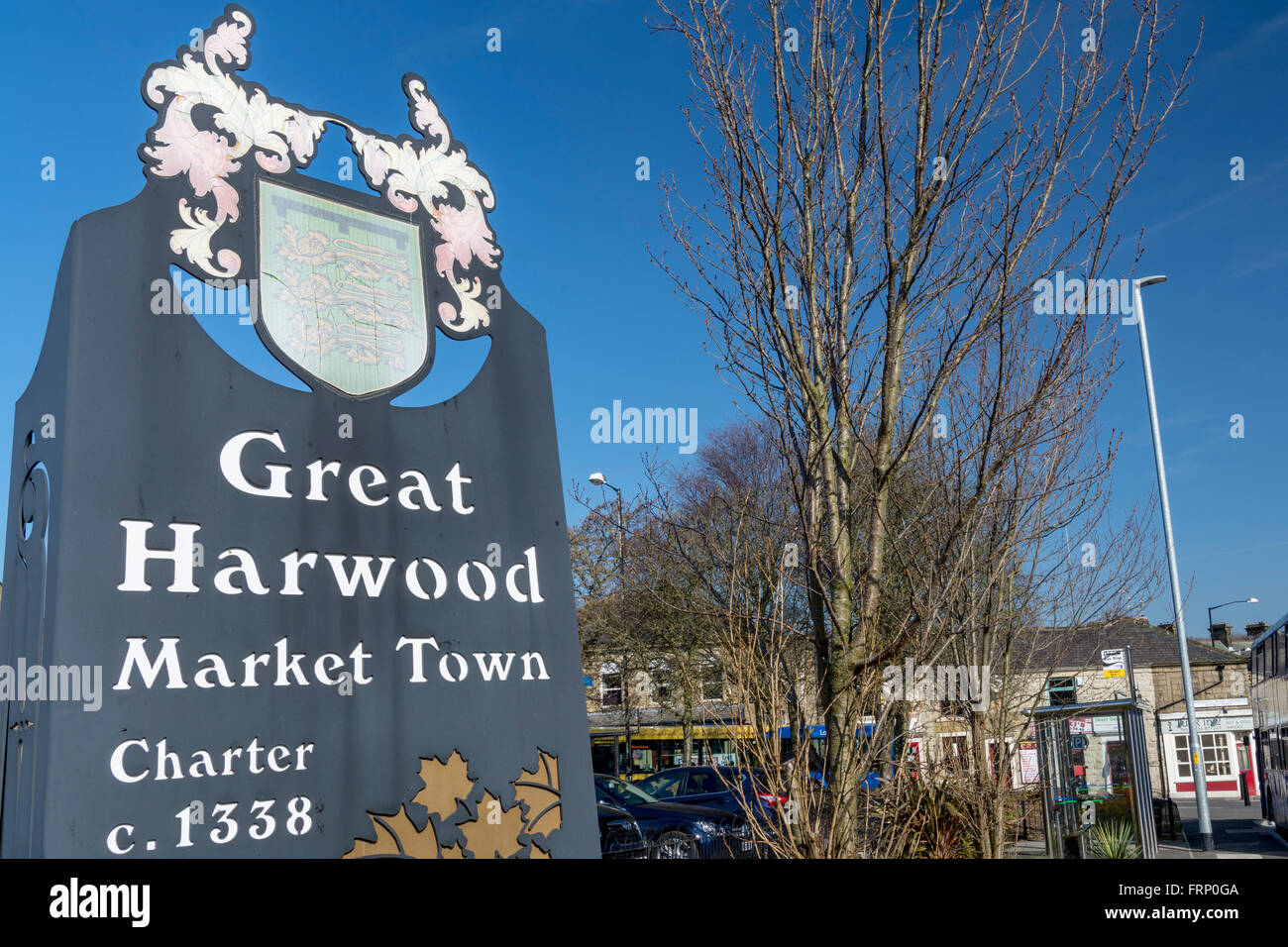 The Towngate, Town square, with the town clock in the Lancashire market town of Great Harwood, Lancs, UK Stock Photo