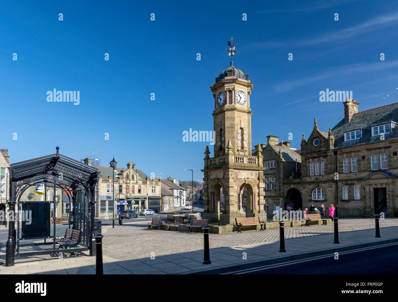 The Towngate, Town square, with the town clock in the Lancashire market town of Great Harwood, Lancs, UK Stock Photo