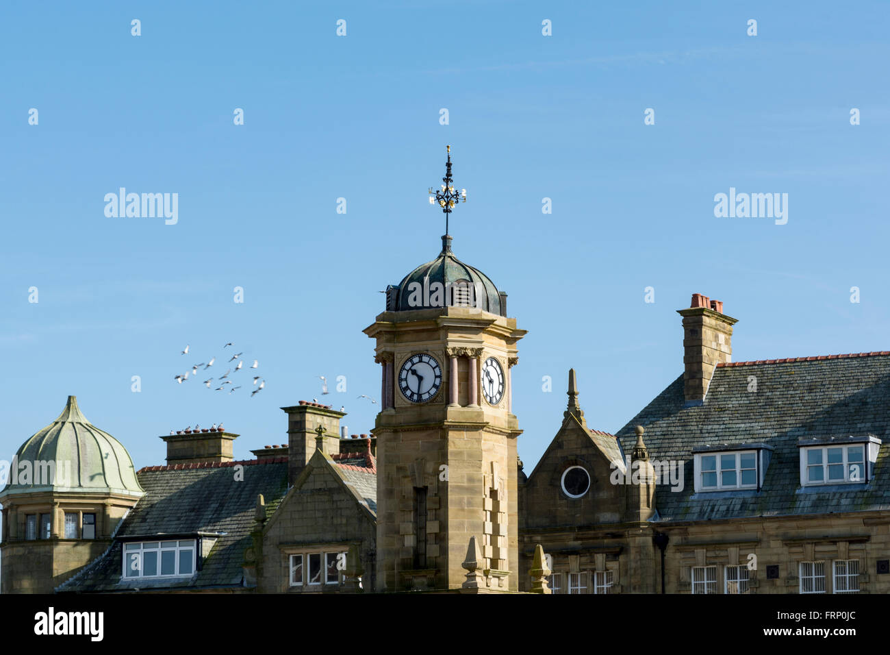 The Towngate, Town square, with the town clock in the Lancashire market town of Great Harwood, Lancs, UK Stock Photo