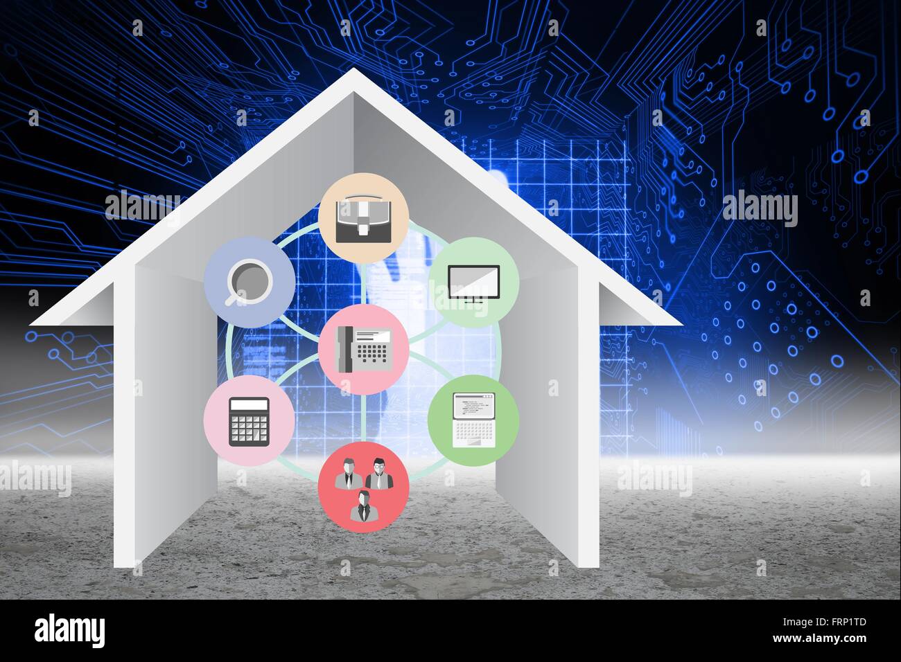 Home outline with apps against circuit board Stock Photo