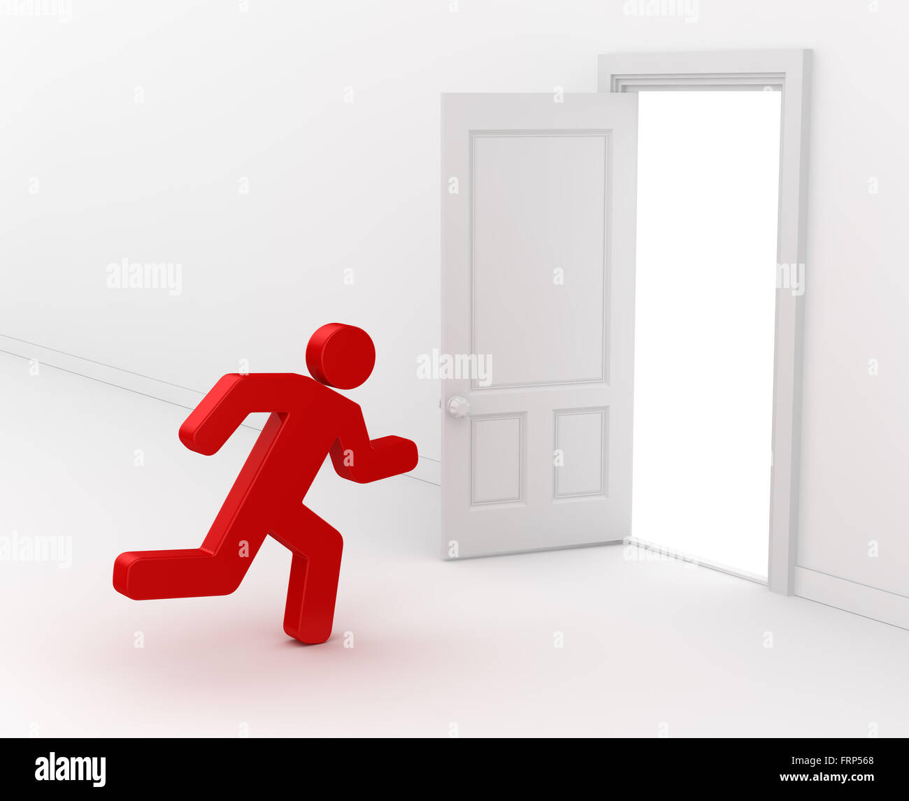 3d man running to opened white door , This is a computer generated and 3d rendered picture. Stock Photo