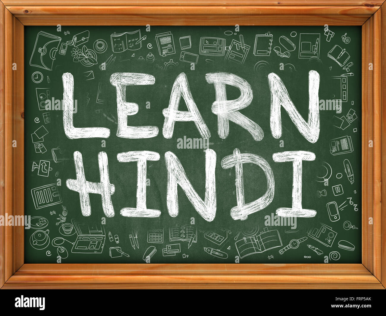 Green Chalkboard with Hand Drawn Learn Hindi Stock Photo Alamy