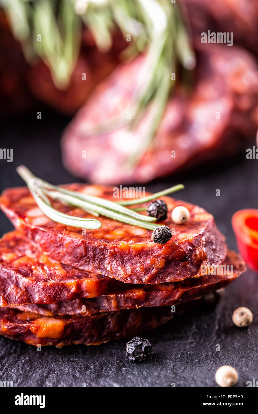 Sausage Chorizo. Spanish traditional chorizo sausage, with fresh herbs