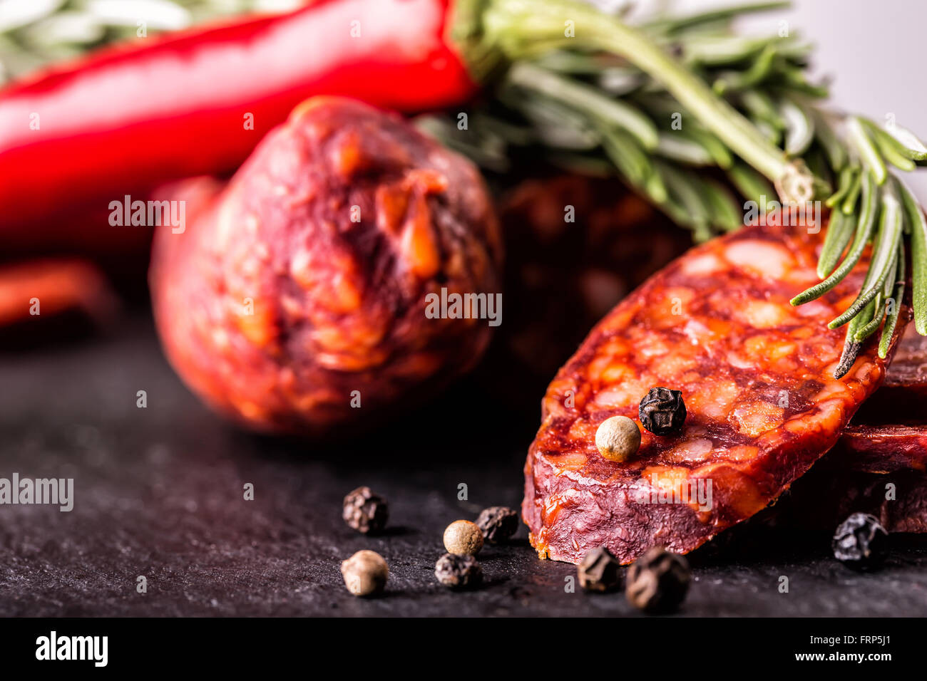 Sausage Chorizo. Spanish traditional chorizo sausage, with fresh herbs, garlic, pepper and chili