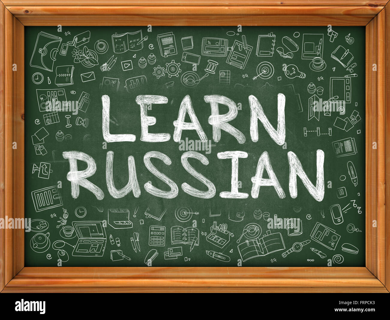 Green Chalkboard with Hand Drawn Learn Russian Stock Photo - Alamy