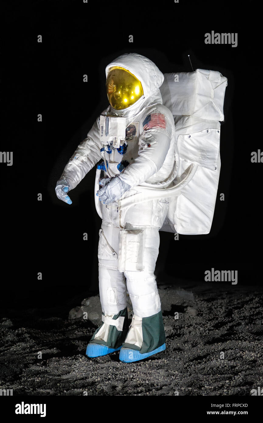 Exhibit of single American NASA astronaut fitted with life support suit for display about moon exploration Stock Photo