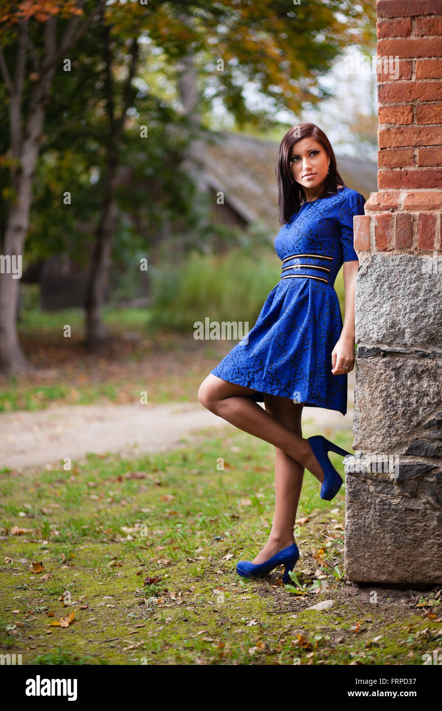 Brunette girl in blue dress near a brick wall. Stock Photo
