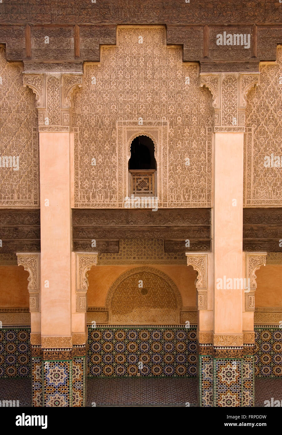 Columned arcades in the central courtyard of the Ben Youssef Medersa, Marrakesh, Morocco Stock Photo