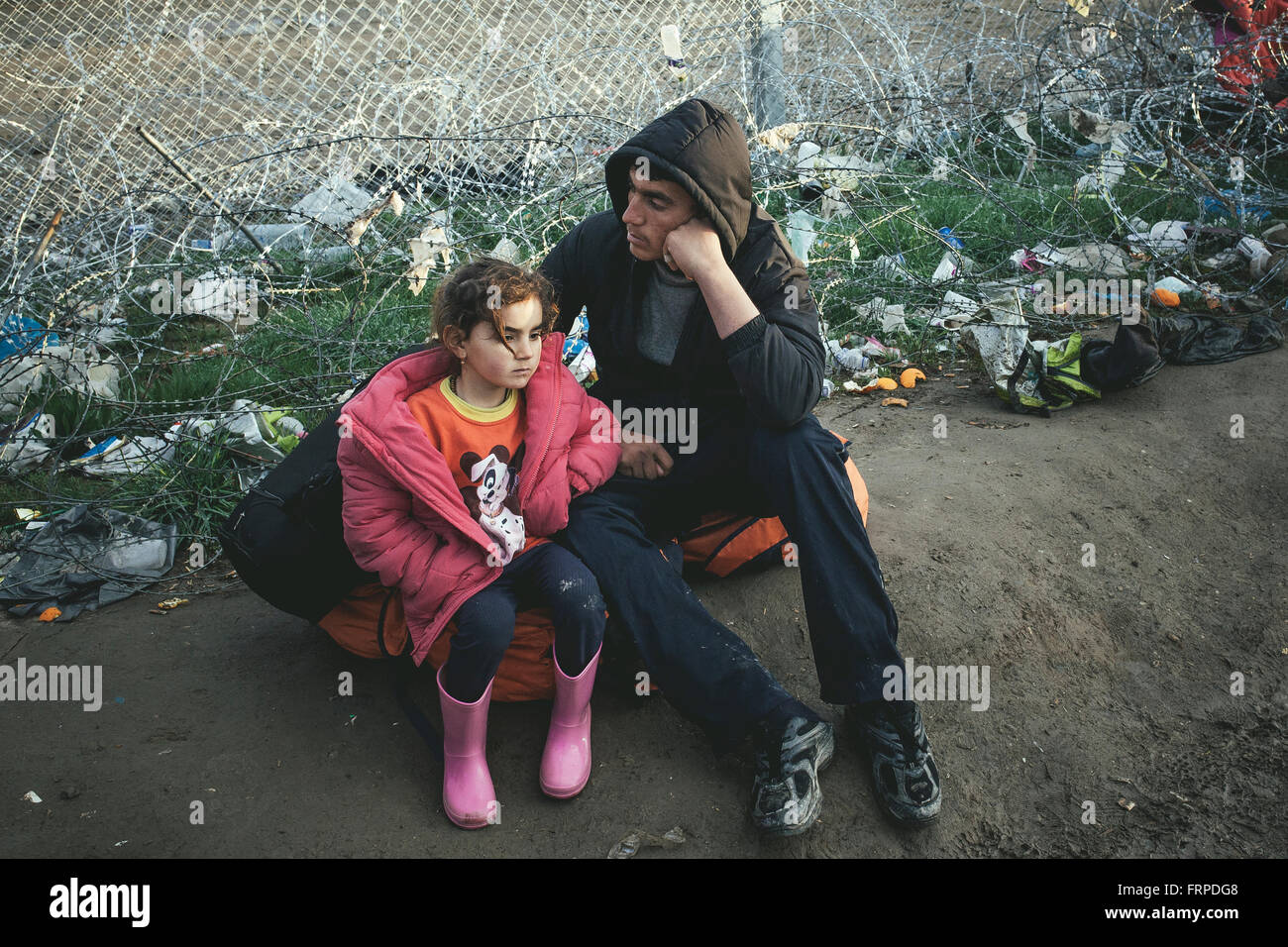 Idomeni refugee camp on the Greece-Macedonia border, refugees waiting at a checkpoint, Idomeni, Central Macedonia, Greece Stock Photo