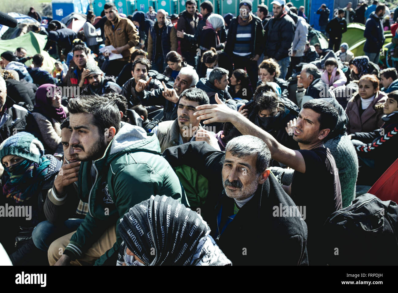 Idomeni refugee camp on the Greece-Macedonia border, migrants waiting at a checkpoint, Idomeni, Central Macedonia, Greece Stock Photo