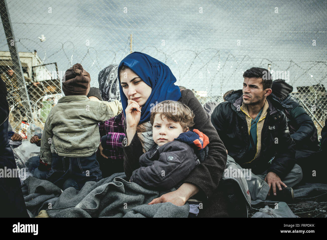 Idomeni refugee camp on the Greece Macedonia border, refugees waiting at a checkpoint, Idomeni, Central Macedonia, Greece Stock Photo
