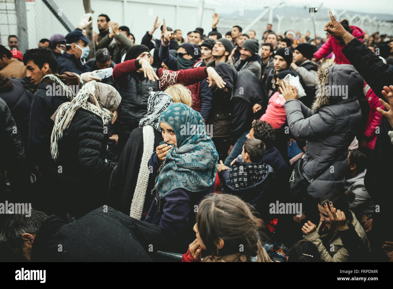 Idomeni refugee camp on the Greece Macedonia border, refugees waiting at a checkpoint, Idomeni, Central Macedonia, Greece Stock Photo